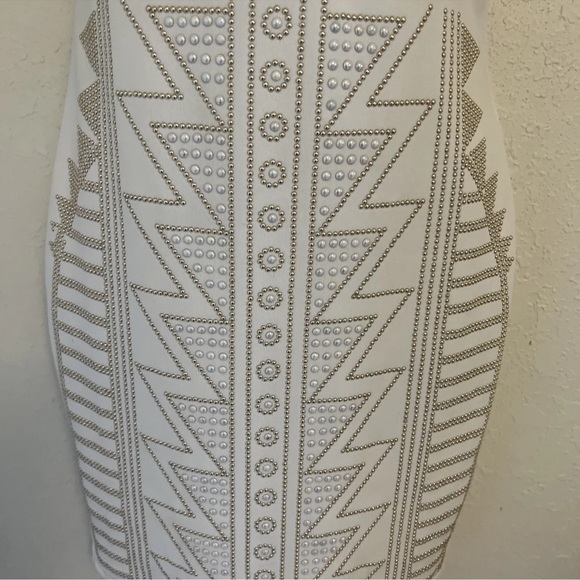 Women's Sleeveless Rhinestone Mesh Midi Dress - Cream Zip Back - Picture 3 of 6